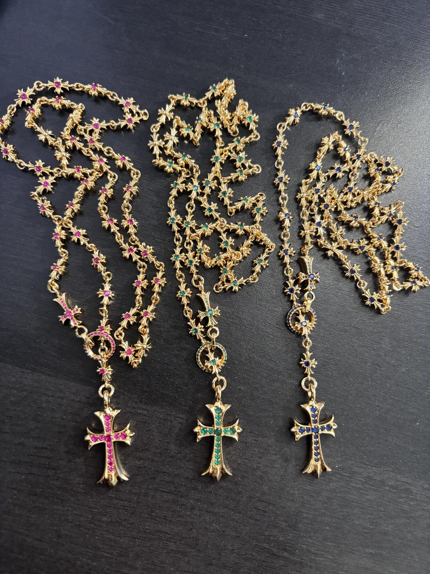 Chrome Hearts Gold Plated Rosary Necklace with Gemstone Cross